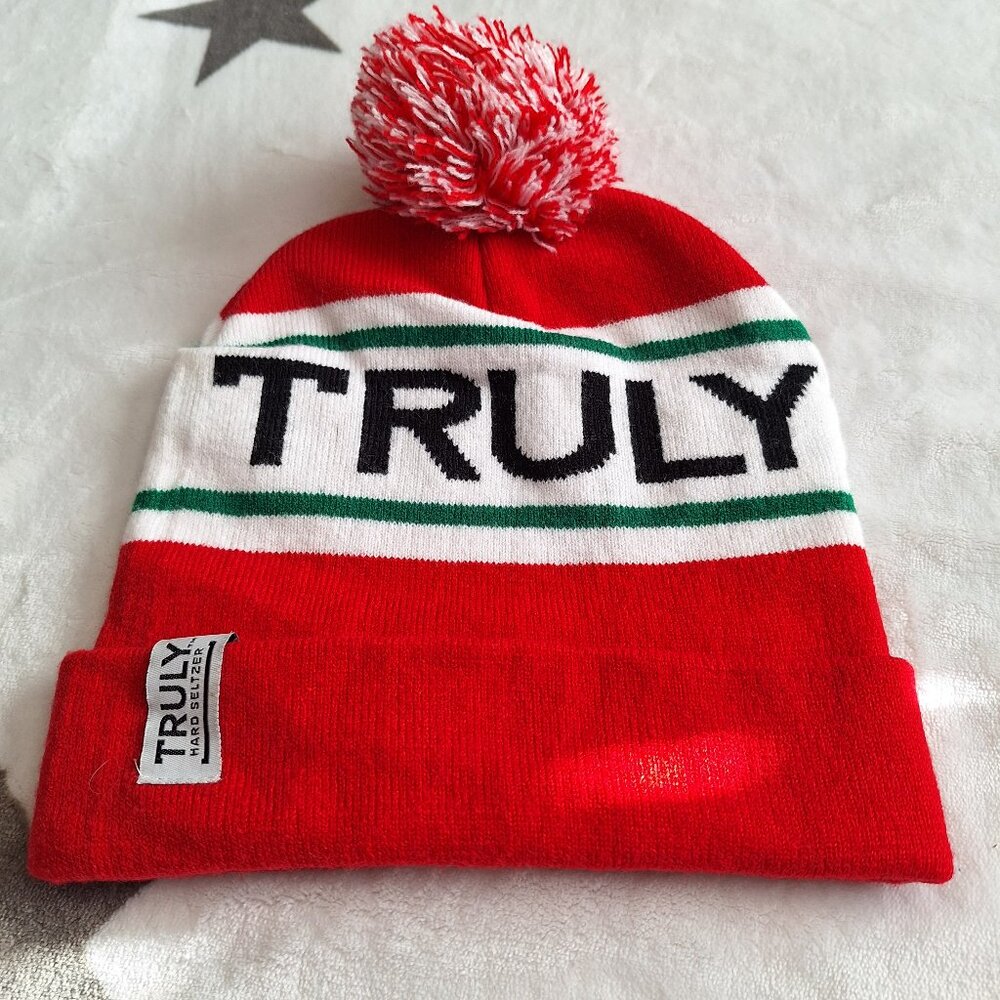 Truly Hard Seltzer Pom Beanie Winter Knit Hat‎ Stocking Cap Men Women Red White